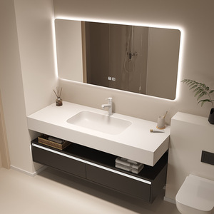 Modern bathroom <b>cabinet</b> ceramic integrated basin with drawer <b>walnut</b> solid wood washbasin - Product Image 1