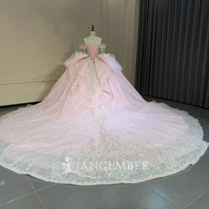 Xs317 Stunning Pink Sweetheart Cold Shoulder Crystal Vine Corset Bow <b>Glitter</b> Ball Gown Modern Floor-Length Quinceanera Dress - Product Image 3
