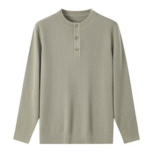 Custom OEM ODM Solid Knitted Henry Collar <b>Pullovers</b> Washable Wool <b>Men</b> Sweater Button Long Sleeves - Product Image 2