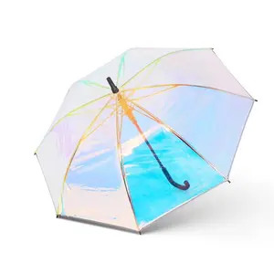 O-170 Laser Transparenter Regenschirm Regen Sonnenschirm Langer Griff Bunter Farbverlauf Kunststoff PVC Holo graphische Regenschirme