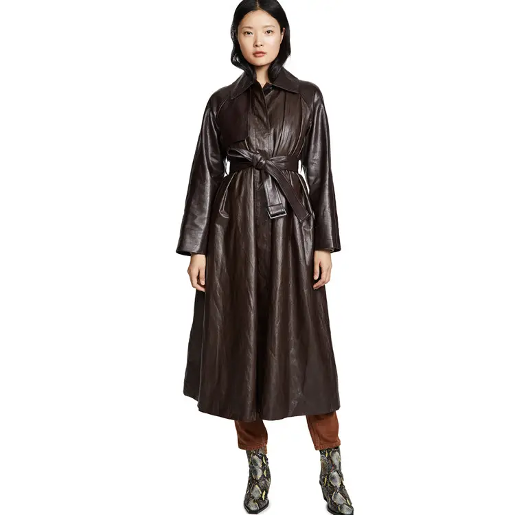 New design long bandage plain PU leather fashion women wind coat long oversize trench coat