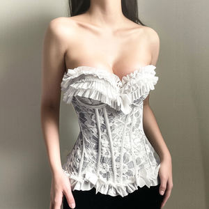 Strapless Ruffled <b>Lace</b> Bow <b>Trim</b> <b>Vest</b> <b>Top</b> for Women, Slim Fit Waist-Cinching Sweet Casual Fashion Versatile Style - Product Image 2