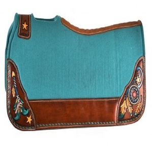 Manaal Enterprises Western Equestrian 32" x 31" x 1" Thickness Hand Tooled Carved Cutback <b>Felt</b> Work Woolen Horse Saddle <b>Pad</b> - Product Image 1