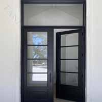 Porte d'entrée extérieure de sécurité Tanlong moderne en acier noir avec cadre en acier, double porte française à 4 panneaux en verre trempé transparent
