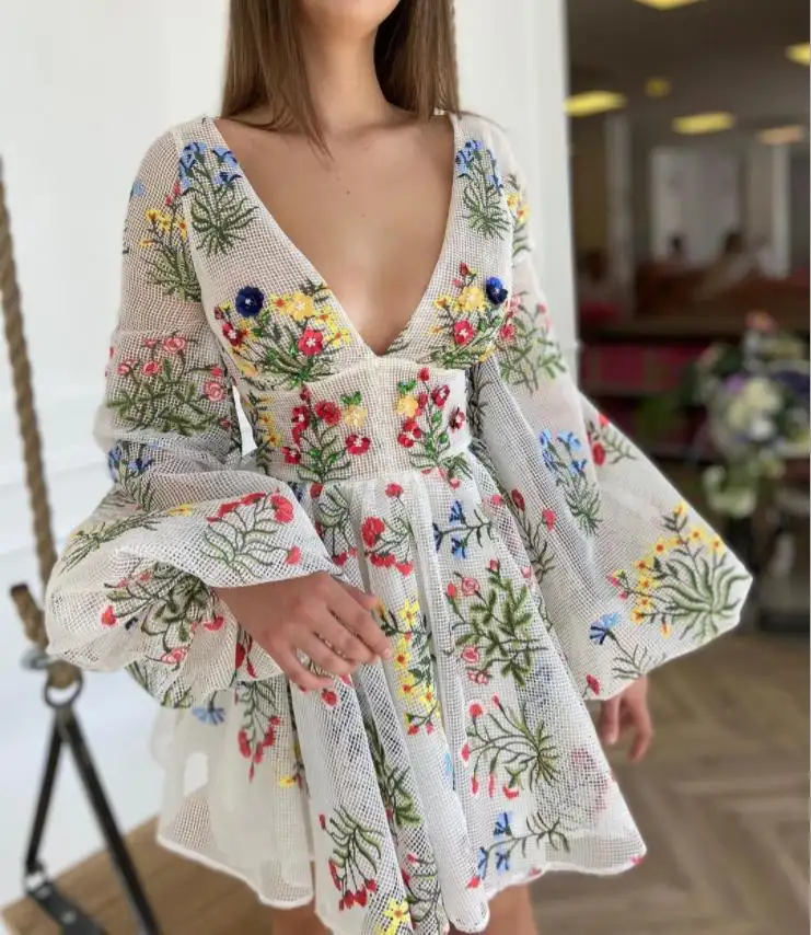 Female Fashion New V Neck Pattern Long Sleeve Embroidered Woman Dresses Mini Short Dresses