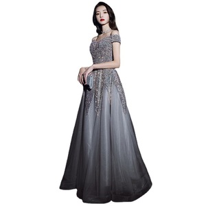 Off-Shoulder Sparkle A-Line Evening Gown Empire Waist Silver Gray Long Dress For Banquets And Annual Meetings - Product Image 5