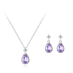 Conjunto de Collar y Pendientes de Plata de Ley S925 con Colgante de Lágrima en Color Morado Claro - Joyería Elegante y Minimalista de Alta Gama - Product Image 1