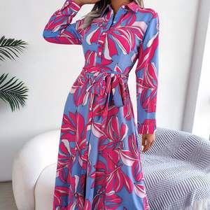 Robe chemise longue élégante à lacets pour femmes Robe quotidienne antistatique et anti-rides imprimée de fleurs à la mode - Product Image 2