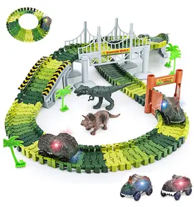 Obral besar mainan dinosaurus edukasi DIY jalur fleksibel dengan dinosaurus dan 2 mobil dinosaurus untuk hadiah terbaik anak-anak