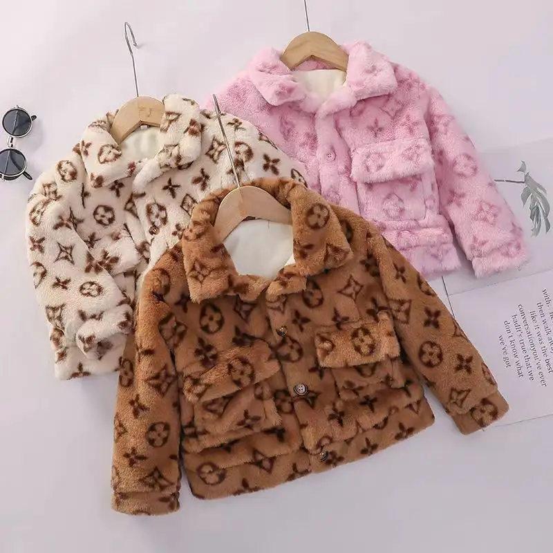 Winter fur coat wholesale zipper-up colorful tartan design long sleeved new fashion coat for baby girls little kids children