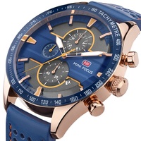 Montre chronographe sport pour homme, boîtier en or rose, bracelet en cuir bleu, affichage de la date, montre-bracelet à quartz pour cadeau
