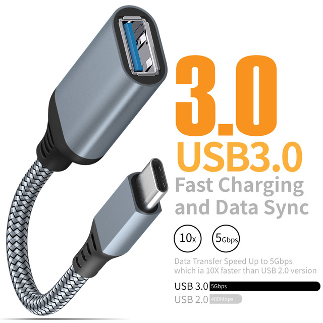 Nylon Braided Aluminum Case 10cm Cable USB C to USB 3.0 Adapter 5Gbps OTG Adapter