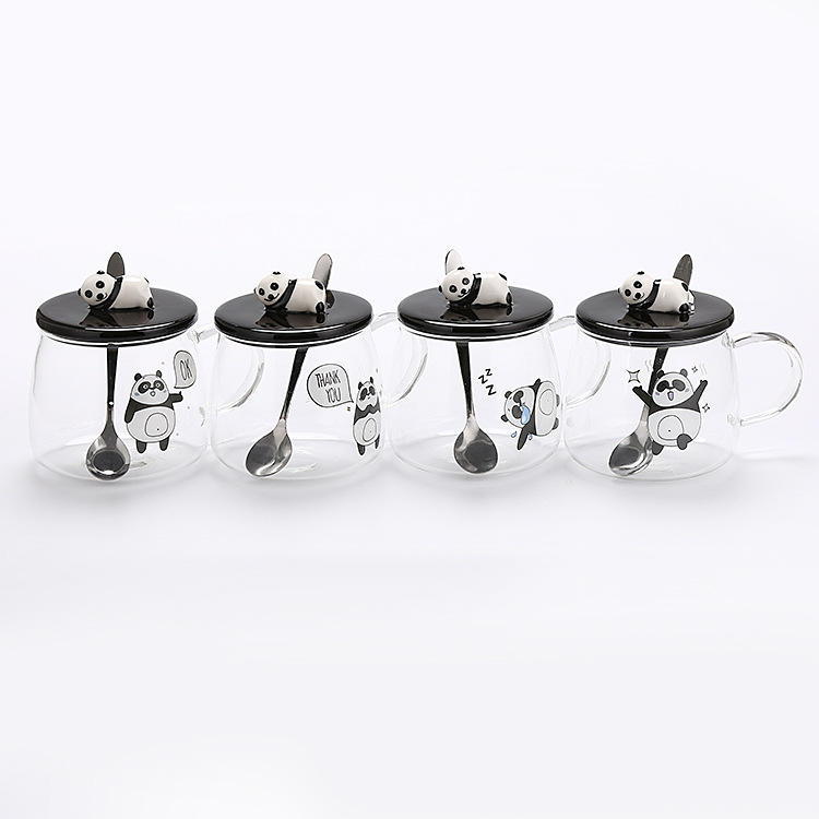 2025 New Design Glass Water Bottles Panda Water Cups Glass Milk Bottles with Lids Juice Glass Mugs with Spoons