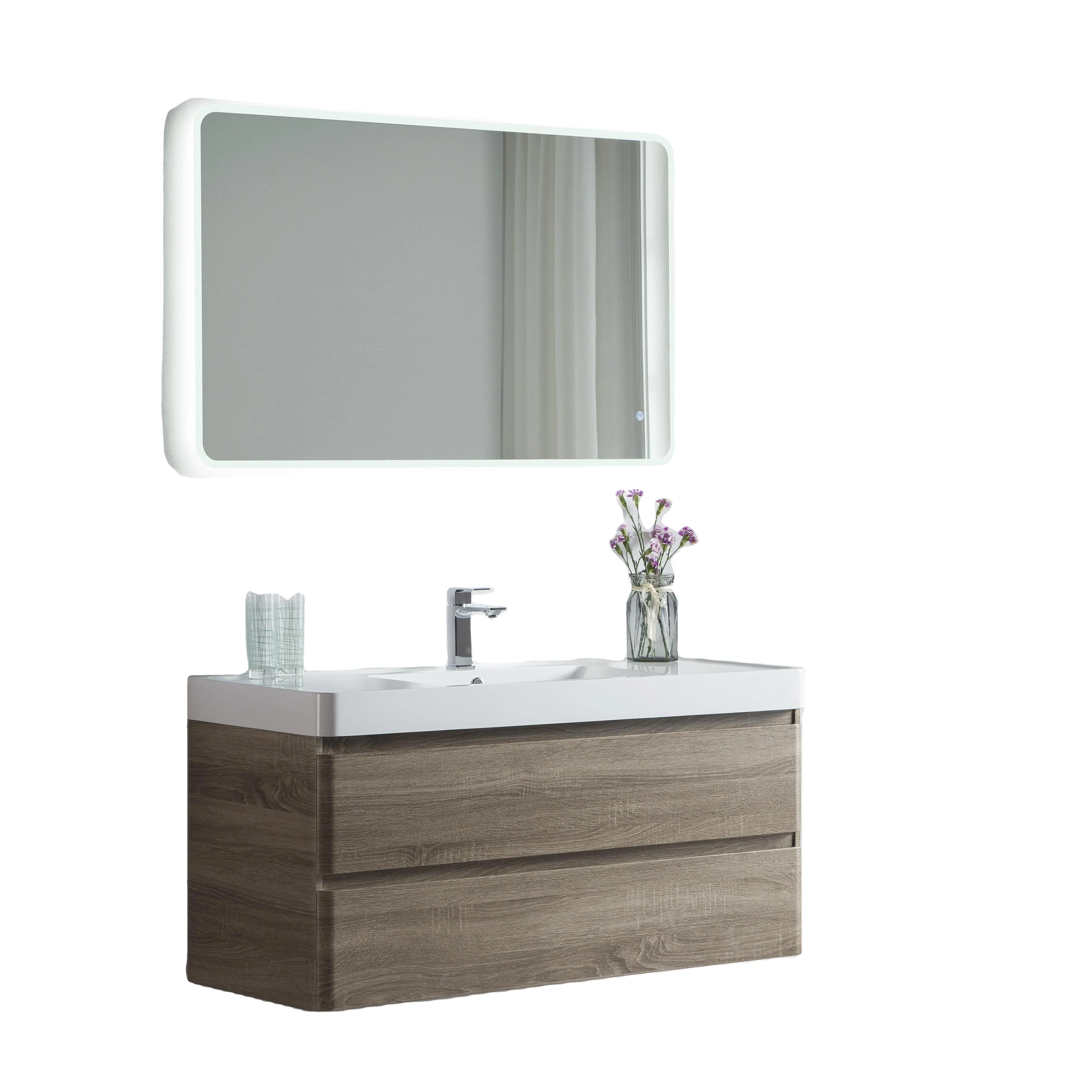 Modern Luxury Wall Hung PVC Bathroom Cabinet Vanity walnut Bathroom Vanity for Hotel