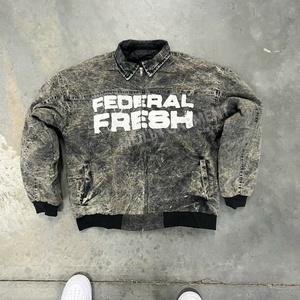 Custom Design Distress Embroidery Heavy Zip <b>Duck</b> Canvas Work <b>Jacket</b> for Men Retro Acid Wash Heavyweight Cut and Sew Work <b>Jacket</b> - Product Image 1