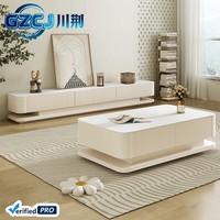 Ensemble de meuble TV design style français, table basse moderne en pierre blanc crème, unité de rangement TV avec tiroirs pour salon d'appartement