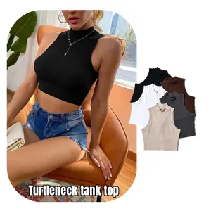 Tur2023 Musim Panas Baru Turtleneck Bahu Sempit Jahitan Tipis Pinggang Tinggi Ketat Fit Wanita Tank Crop Top Mujer