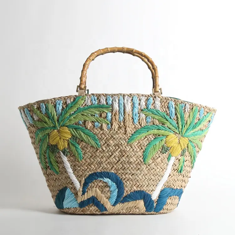OEM personalizado bordado balde saco bolsa de palha da praia do verão bolsa de moda para as mulheres