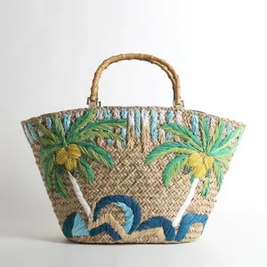 OEM custom embroidered bucket straw bag summer beach fashion handbag for women