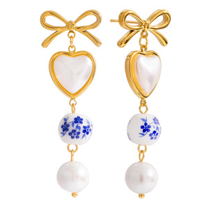 Heart-Shaped Pearl Drop <b>Earrings</b> With <b>Blue</b> Floral Bead Gold Bow Stainless Steel <b>Studs</b> For Women Everyday Wear - Product Image 5