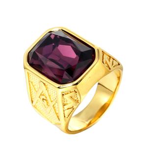 Gold Plated Signet <b>Ring</b> with <b>Ruby</b> Red Stone Masonic Emblem Sides Bold Vintage Style Heavy Band Polished Gold Tone <b>for</b> <b>Men</b> - Product Image 5