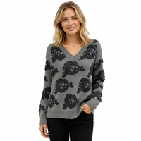 Pull en laine/cachemire pour femme, tricoté à la machine, manches longues, col en V, motif géométrique, appliques décontractées d'hiver