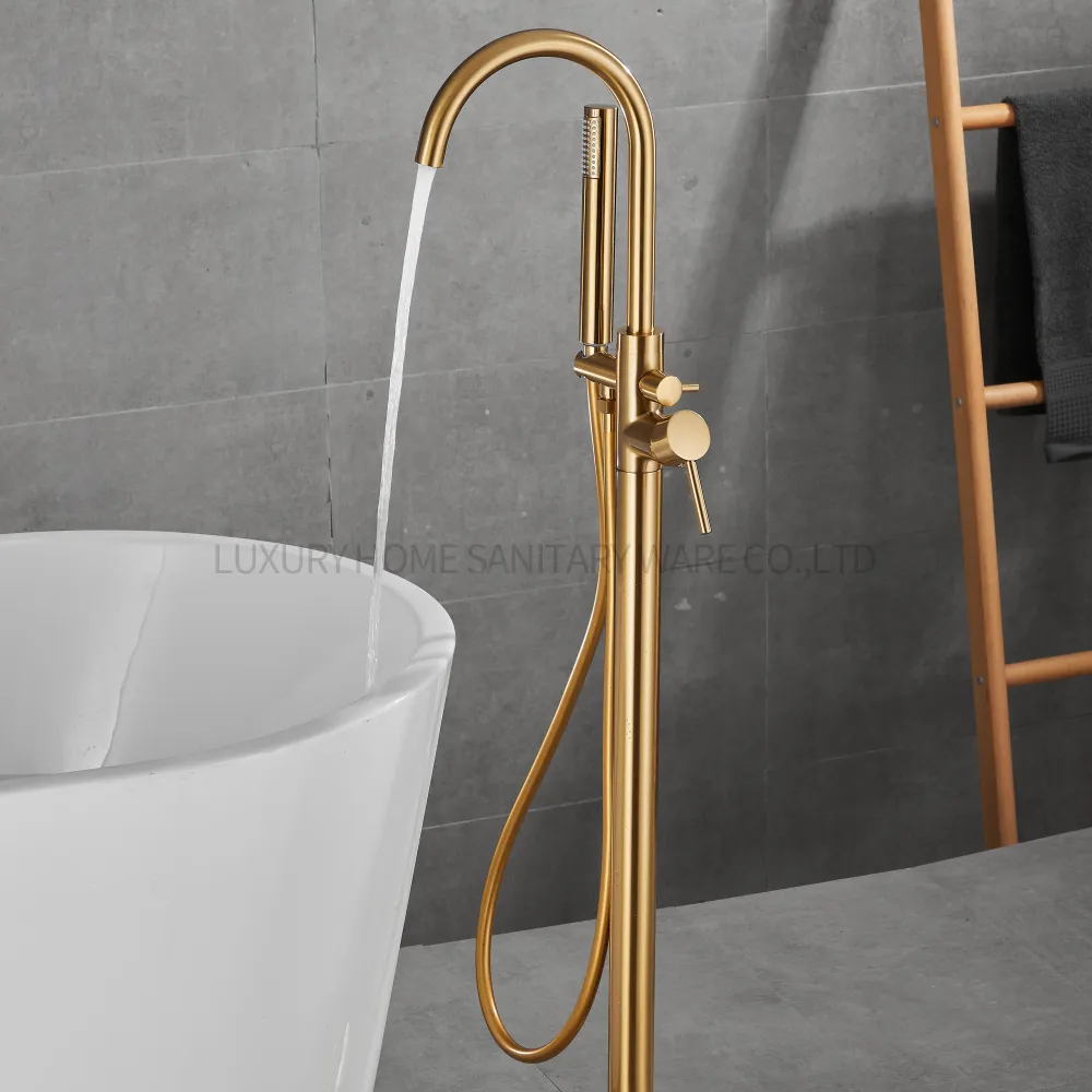 Robinet de baignoire rond sur pied de couleur PVD brosse dorée de style luxueux pour la maison