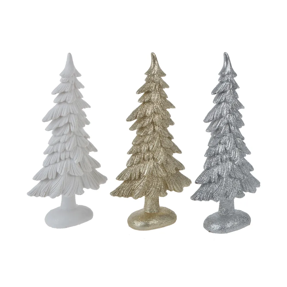 Figuritas metálicas de árbol de Navidad, decoración de mesa de vacaciones, poliresina blanca, proveedores