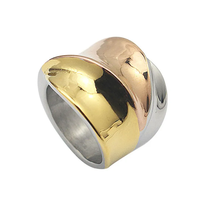 Cincin Baja Tahan Karat 316L untuk Wanita, Perhiasan Cincin Ukuran 6, 7, 8, 9 Perak Emas/Warna Mawar 3 Warna Campur Besar Tidak Rata