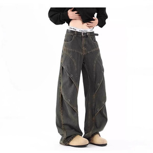 Jean large rétro bleu en denim tissé pour homme – Hiver, style urbain, taille mi-haute, respirant, séchage rapide, délavé, effet vieilli, <span class=keywords><strong>rivets</strong></span> - Product Image 1