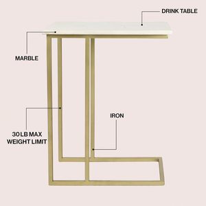 Table d'appoint industrielle en métal en forme de C JONATHAN Y END4005B Caius 24,25 pouces, plateau en marbre blanc, finition dorée, meubles de salon - Product Image 4