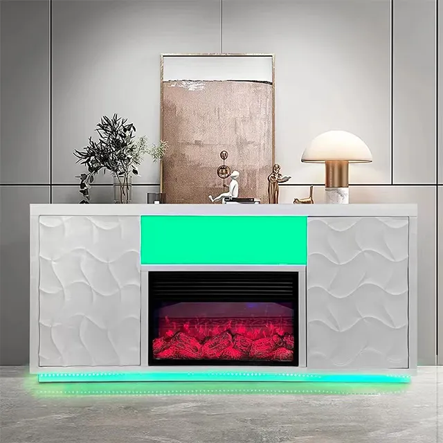 Chimenea de espejo con soporte de TV para decoración del hogar de lujo con calentador de cristal de 5 colores, con foco de 3 colores