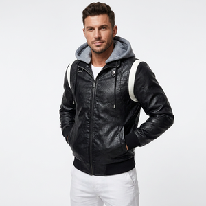 <b>Mens</b> Real Black Leather Hooded <b>Jacket</b> <b>White</b> Stripe Bomber Cowhide Coat Rib Knit Trim Custom Classic Winter Warm Outwear Style - Product Image 1