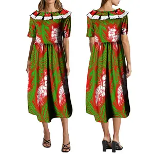 新设计定制大码女性优雅波利尼西亚连衣裙蕾丝装饰分层褶边短袖休闲连衣裙夏季前庭