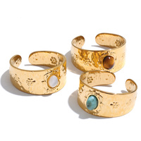 JINYOU 8250 Vintage Edelstahl Breiter Bandring PVD Goldplattiert Blumenmuster Naturstein Verstellbarer Offener Ring