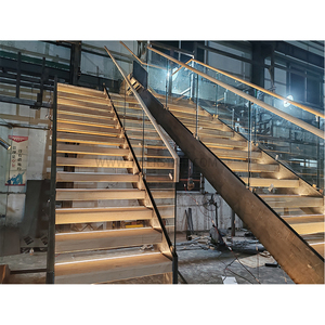 Elegante Escalera Recta Tipo Loft con Barandilla de Doble Lado y <span class=keywords><strong>Balaustre</strong></span> de Vidrio Templado sin Marco y Escalones de <span class=keywords><strong>Madera</strong></span> Lisos - Product Image 4