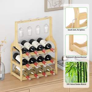 JQ-Estantes de pie pequeños de bambú para 12 <span class=keywords><strong>botellas</strong></span> de vino y <span class=keywords><strong>4</strong></span> soportes de vidrio - Product Image 6