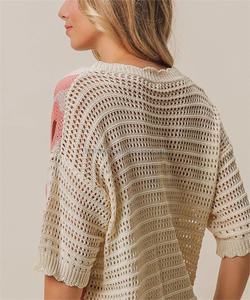 Cardigan en maille à manches courtes pour <span class=keywords><strong>femme</strong></span>, imprimé floral, col en V, ajouré, style décontracté, vente en gros - Product Image 5