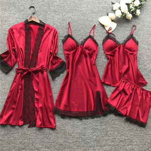 High Quality Sexy Women Four Piece Pajamas Set <strong>Silk</strong> Nightgowns Sexy Lace Robe Set <strong>Ladies</strong> Elegant Loungewear <strong>Silk</strong> <strong>Pyjamas</strong> - Product Image 2