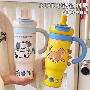 Outdoor Travel Car Mug With Cartoon Print Insulated Handle Straw Lid <b>Thermos</b> - Product Image 4
