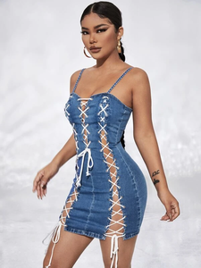 Nouvelle robe en jean pour femme SXY 2022, fendue, à cordon de serrage, délavée, ajourée, moulante, décontractée, sans manches, dos nu, OEM - Product Image 3
