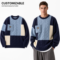 Pull en maille torsadée patchwork 12GG en laine et acrylique pour homme, col rond, anti-boulochage, hiver, échantillon rapide, usine source OEM personnalisée
