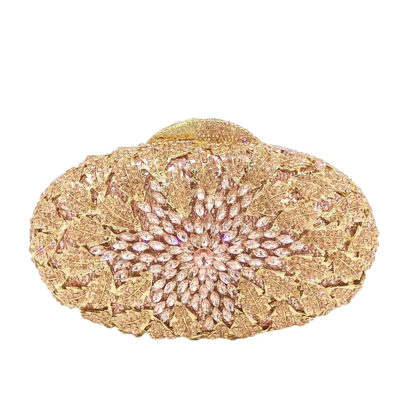 Wholesale Gold Flower Crystal Clutch Bag Rhinestones Crystal Purse Rose Gold Crystal Evening Handbag Woman Wedding Bags