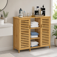 Meuble de salle de bain autoportant moderne en bambou avec portes, étagère de rangement multifonctionnelle à 3 niveaux pour salon - Vente en gros