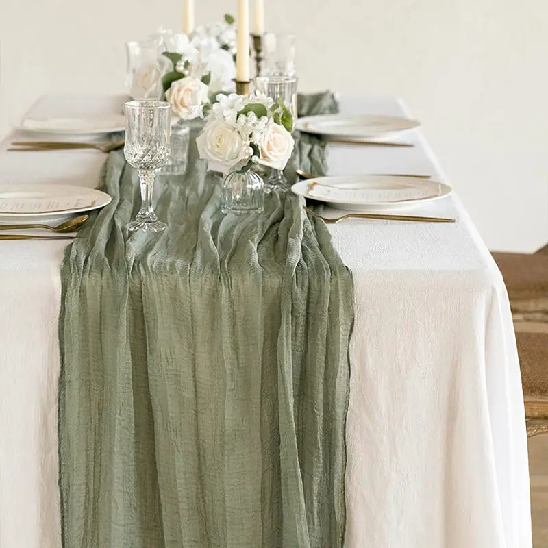 Wide Campsite Green Gauze Semi-Sheer Table Runner Cheesecloth Tablecloth for Wedding Reception Bridal Shower Birthday Party
