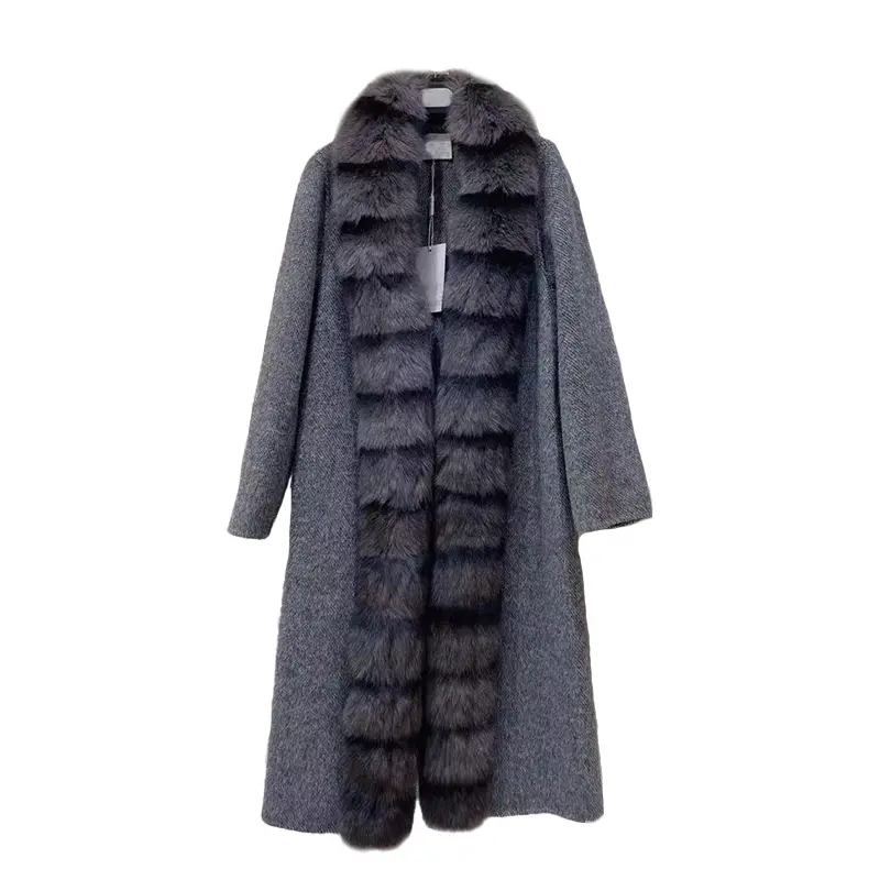 フォックスファー襟付きの新しいファッション冬のマキシ取り外し可能な本物のカシミアウールコートの女性