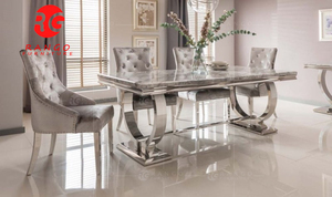 Mesa de Comedor de Mármol Crema y Acero Inoxidable Cromado de 180 cm, Vida Living Arianna, Mármol Gris con Base de Acero Inoxidable - Product Image 2