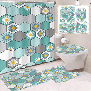 Ensemble de rideaux de douche géométriques modernes avec tapis de bain et couvercle de toilette, en polyester, impression numérique, antidérapant, accessoires de salle de bain - Product Image 4