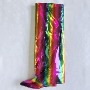 Bright Patent Overlay Knee High <b>Boots</b> Women Metallic Wedge Heels Shoes Folded Over Upper Pointed Toe Gold Booties - Product Image 3