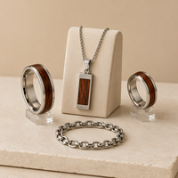 Ensemble de bijoux personnalisé en acier inoxydable 316L avec incrustation de bois, collier pendentif, bague, chaîne pour homme, vente en gros, usine OEM ODM, cadeau